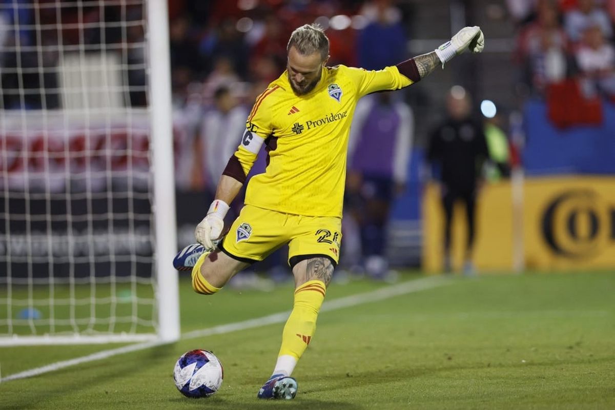 Nov 4, 2023; Frisco, Texas, USA; Seattle Sounders goalkeeper Stefan Frei (24) clears the ball during the second half of game two against FC Dallas in a round one match of the 2023 MLS Cup Playoffs at Toyota Stadium.