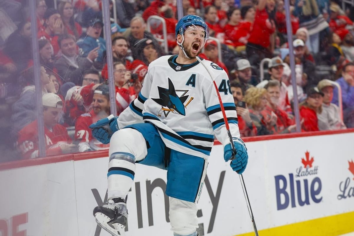 Dec 7, 2023; Detroit, Michigan, USA; San Jose Sharks center Thomas Hertl (48) reacts after scoring a goal during the third period at Little Caesars Arena.