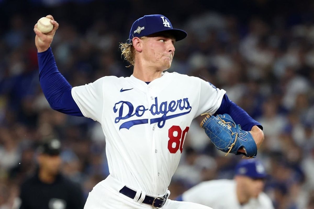 Oct 7, 2023; Los Angeles, California, USA; Los Angeles Dodgers starting pitcher Emmet Sheehan (80) throws a pitch against the Arizona Diamondbacks during the second inning for game one of the NLDS for the 2023 MLB playoffs at Dodger Stadium.