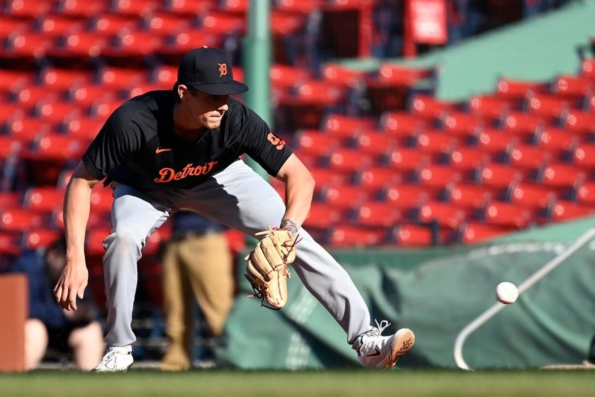 Aug 11, 2023; Boston, Massachusetts, USA; Detroit Tigers third baseman Nick Maton (9) warms up before a game against the Boston Red Sox at Fenway Park.
