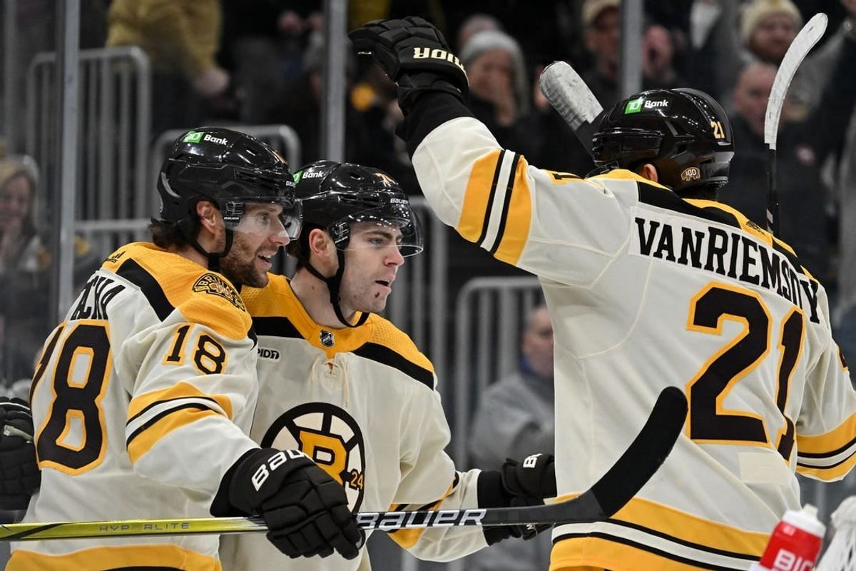 oJan 20, 2024; Boston, Massachusetts, USA; Boston Bruins left wing Jake DeBrusk (74) celebrates with  left wing James van Riemsdyk (21) after scoring a goal against the Montreal Canadiens during the first period at the TD Garden.