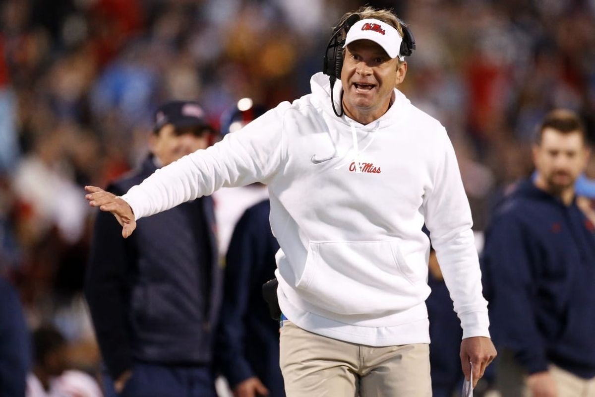 Nov 23, 2023; Starkville, Mississippi, USA; Mississippi Rebels head coach Lane Kiffin reacts during the second half  against the Mississippi State Bulldogs at Davis Wade Stadium at Scott Field.