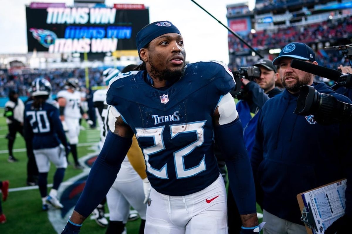 Tennessee Titans running back Derrick Henry (22) exits the field after defeating Jacksonville Jaguars 28-20 at Nissan Stadium in Nashville, Tenn., Sunday, Jan. 7, 2024.