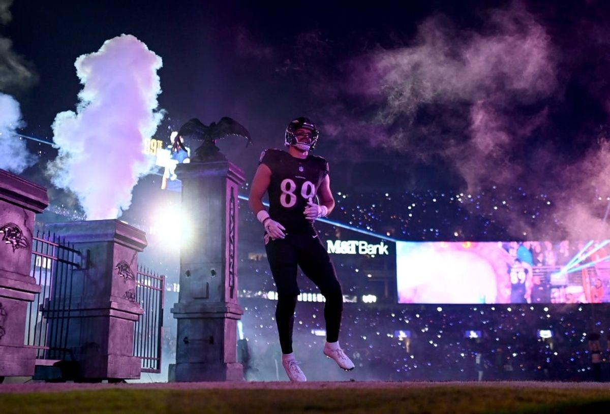 Nov 16, 2023; Baltimore, Maryland, USA; Baltimore Ravens tight end Mark Andrews (89) is introduced before a game against the Cincinnati Bengals at M&T Bank Stadium.