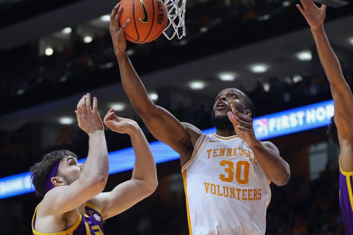 Feb 7, 2024; Knoxville, Tennessee, USA; Tennessee Volunteers guard Josiah-Jordan James (30) goes to the basket against the LSU Tigers during the first half at Thompson-Boling Arena at Food City Center.