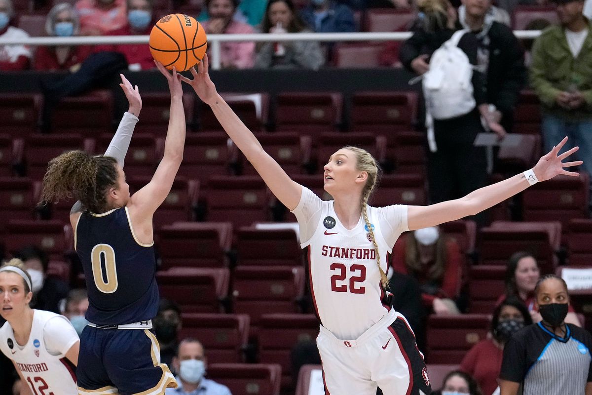 Stanford star Cameron Brink blocks a shot in the Cardinal’s 78-37 win over Montana State.
