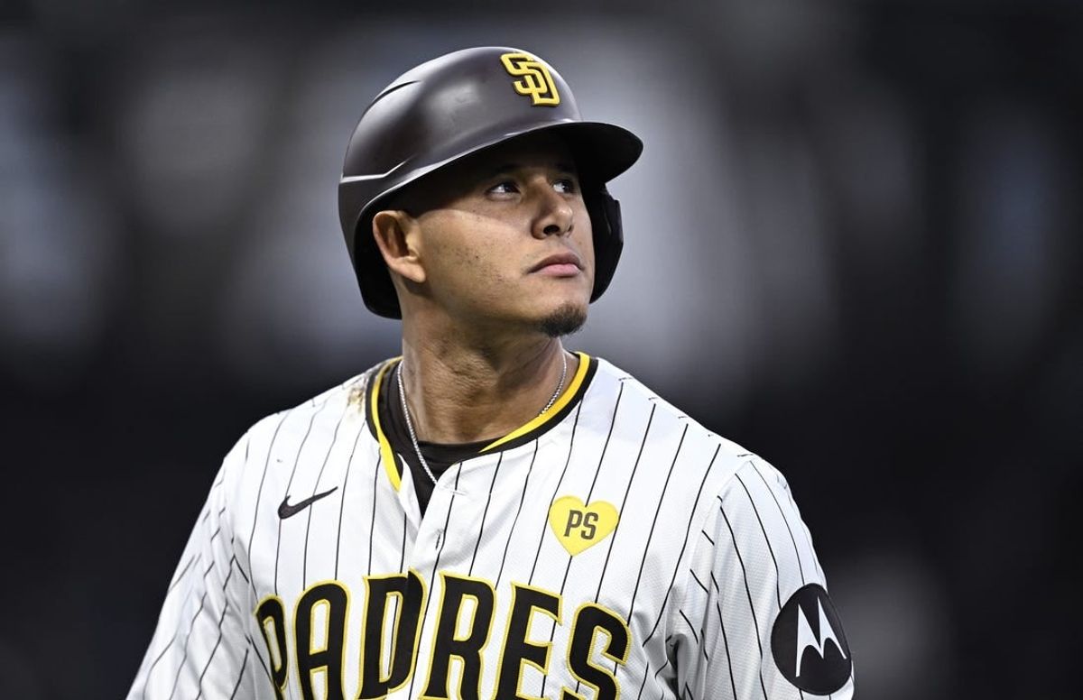 Apr 20, 2024; San Diego, California, USA; San Diego Padres designated hitter Manny Machado (13) reacts after flying out to end the fifth inning against the Toronto Blue Jays at Petco Park.