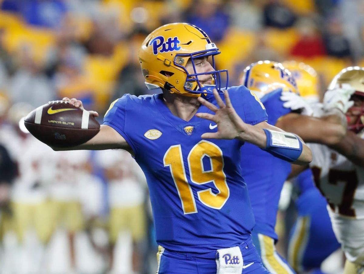 Nov 16, 2023; Pittsburgh, Pennsylvania, USA;  Pittsburgh Panthers quarterback Nate Yarnell (19) passes against the Boston College Eagles during the third quarter at Acrisure Stadium.