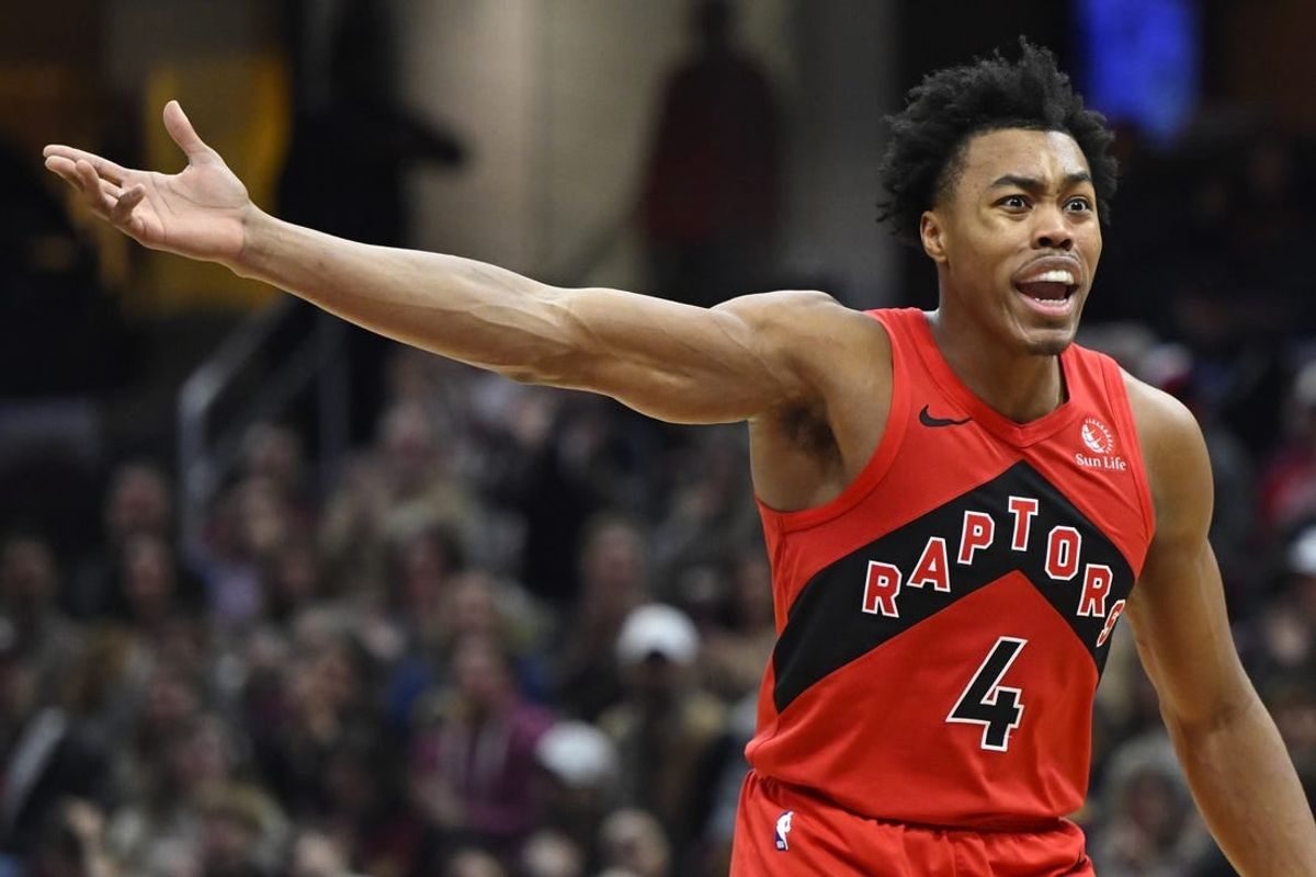 Nov 26, 2023; Cleveland, Ohio, USA; Toronto Raptors forward Scottie Barnes (4) reacts in the second quarter against the Cleveland Cavaliers at Rocket Mortgage FieldHouse.