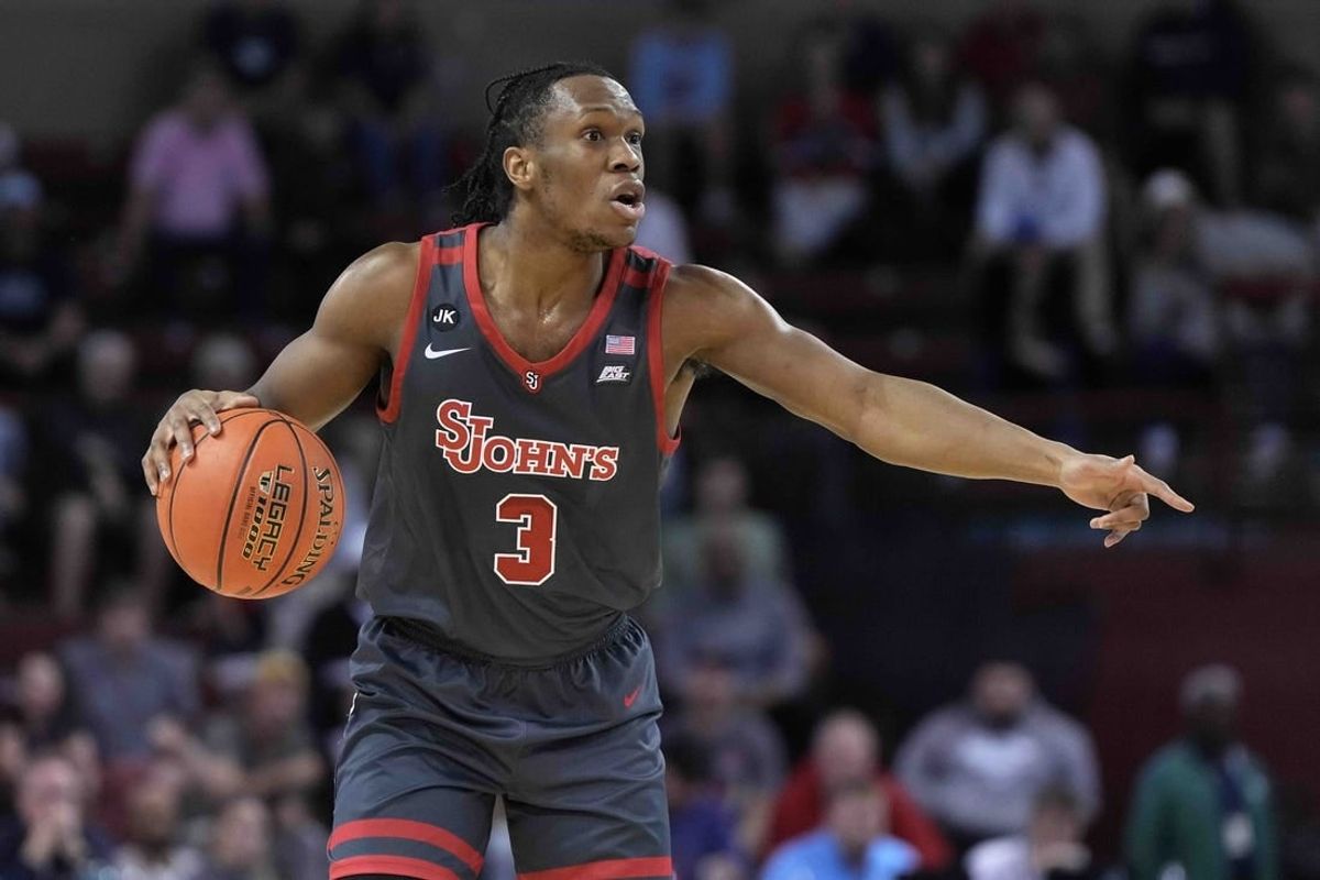 Nov 17, 2023; Charleston, SC, USA; St. John's Red Storm guard Jordan Dingle (3) brings the ball up court in the first half against the Dayton Flyers at TD Arena.