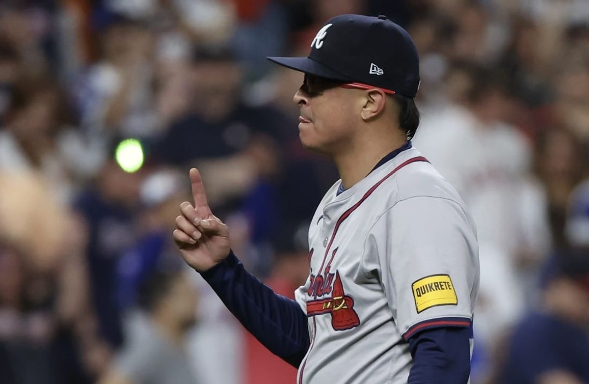Apr 15, 2024; Houston, Texas, USA; Atlanta Braves pitcher Jesse Chavez (60) celebrates the win against the Houston Astros in the ninth inning at Minute Maid Park. All players wore #42 in honor of Jackie Robinson Day.