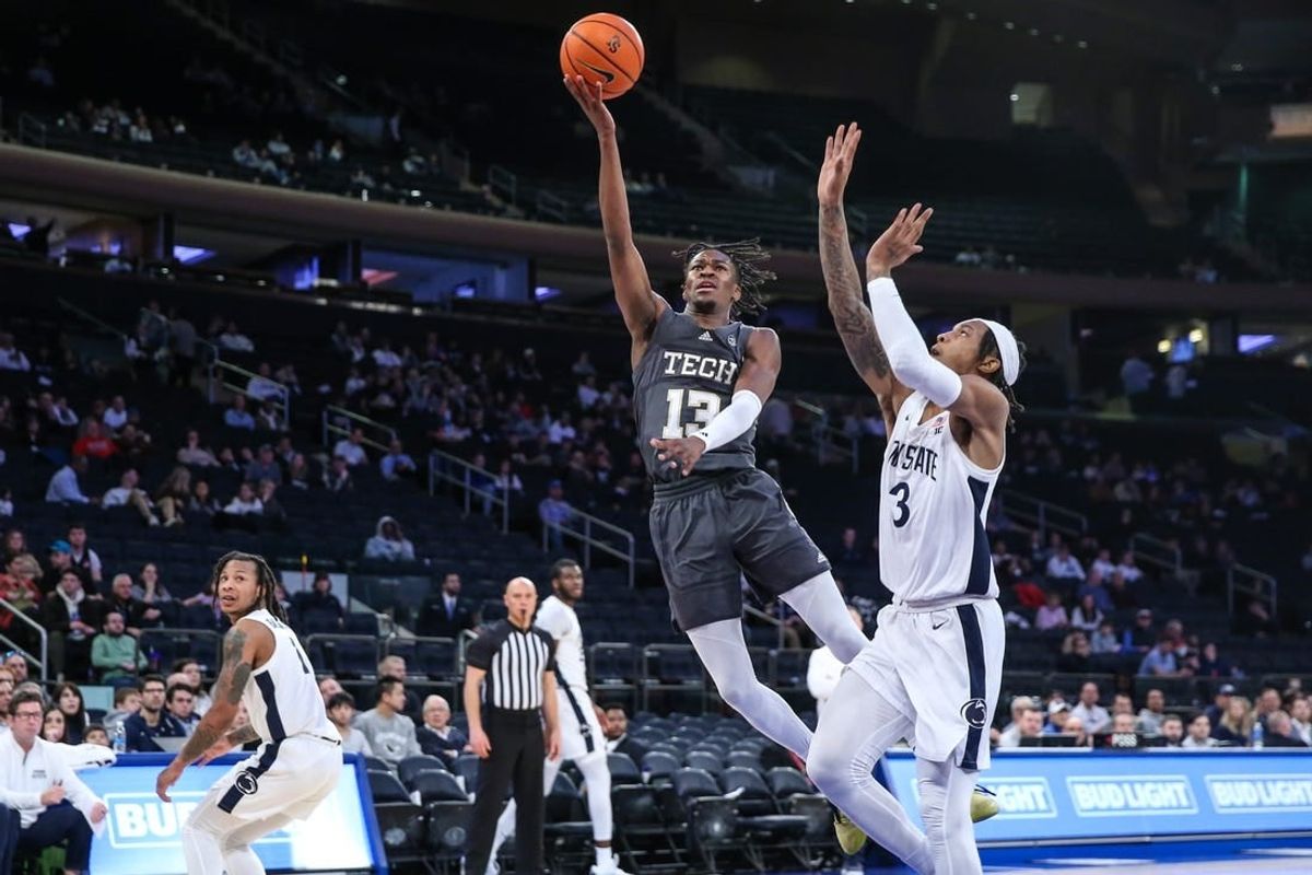 Dec 16, 2023; New York, New York, USA;  Georgia Tech Yellow Jackets guard Miles Kelly (13) and Penn State Nittany Lions guard Nick Kern Jr. (3) at Madison Square Garden.