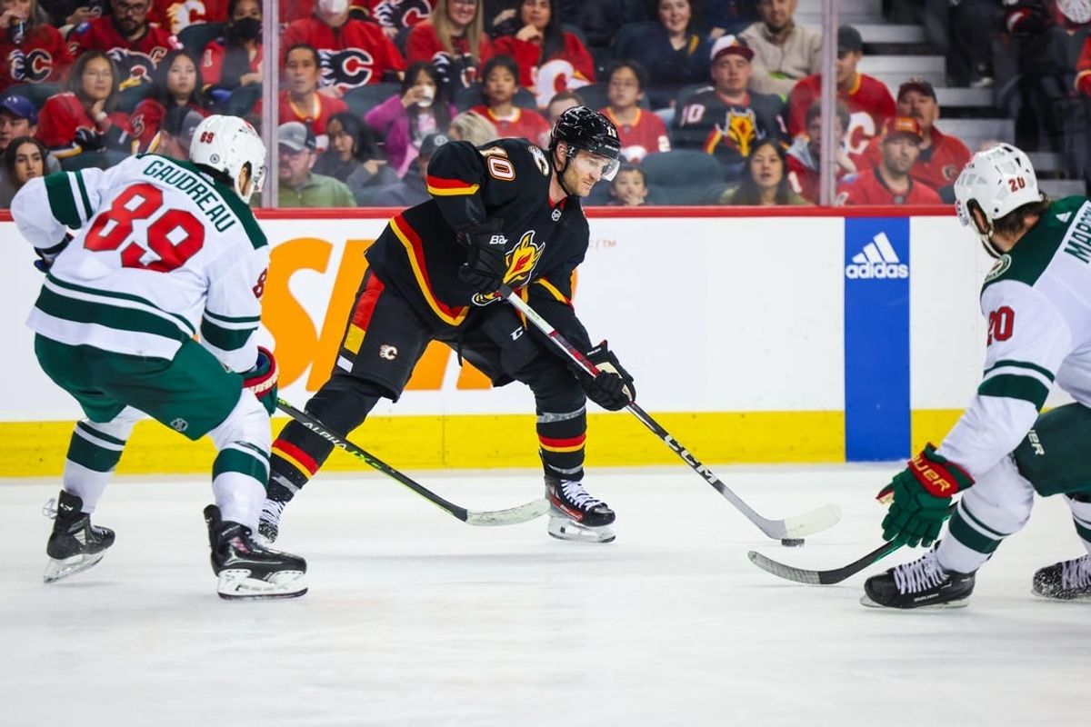 Dec 5, 2023; Calgary, Alberta, CAN; Calgary Flames center Jonathan Huberdeau (10) controls the puck against the Minnesota Wild during the second period at Scotiabank Saddledome.