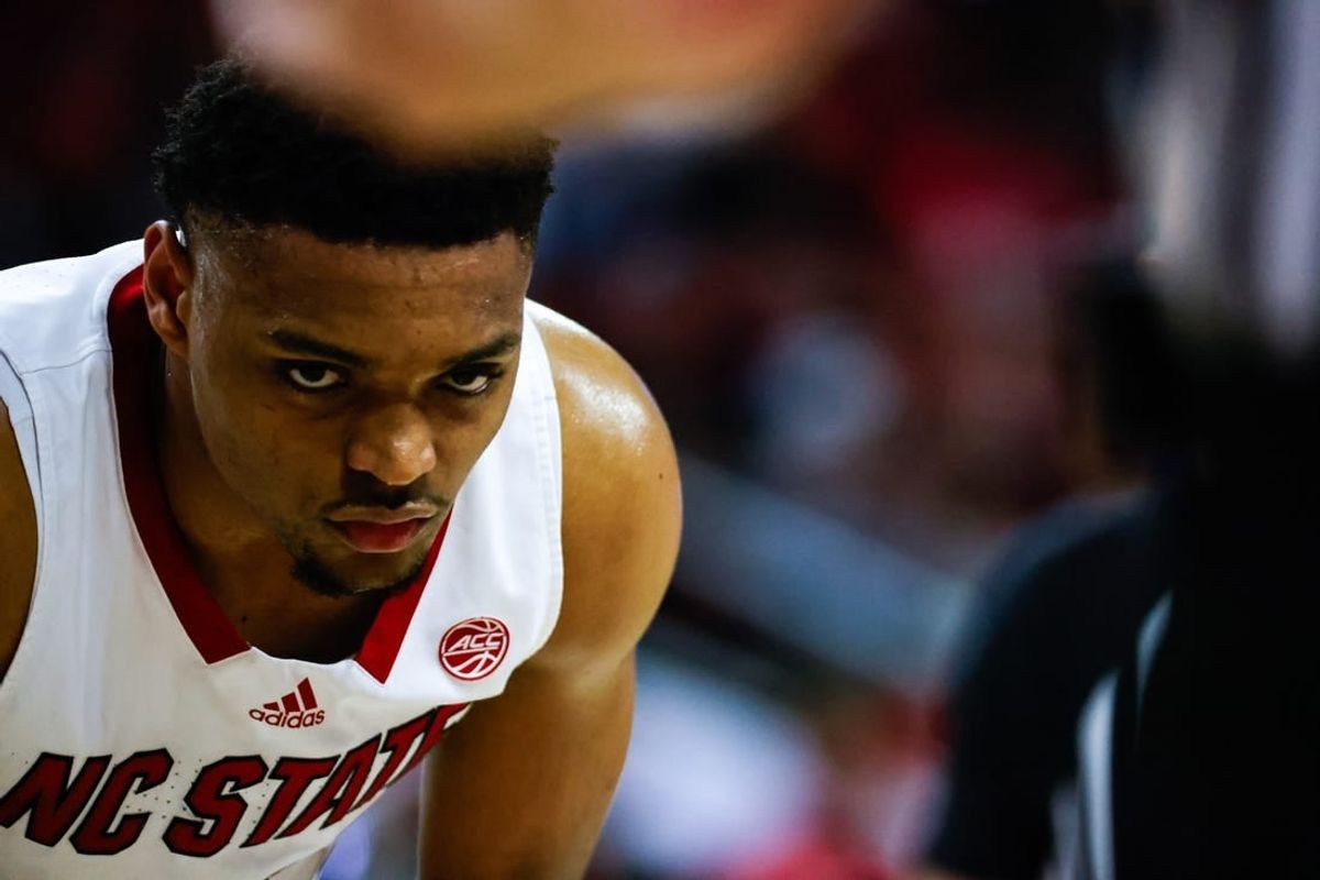 Mar 4, 2024; Raleigh, North Carolina, USA; North Carolina State Wolfpack guard Casey Morsell (14) eyes the ball during the first half against Duke Blue Devils at PNC Arena.