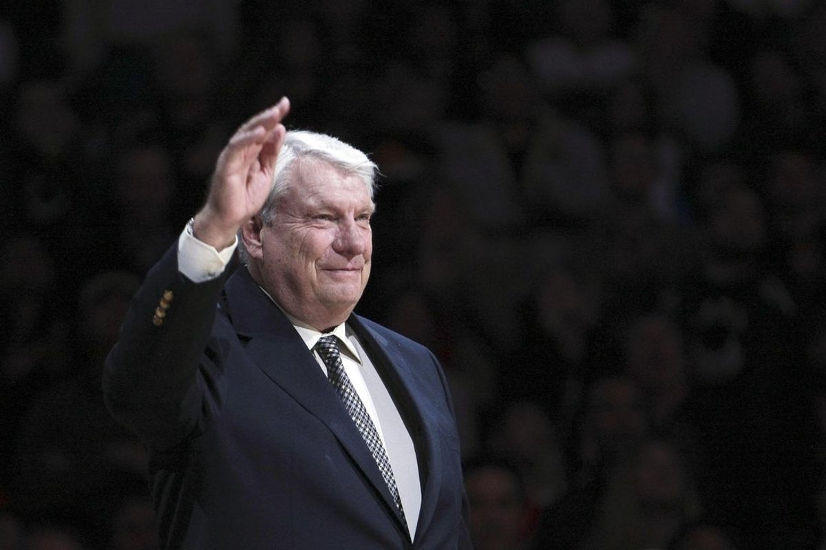 March 19, 2012; Oakland, CA, USA; Golden State Warriors former coach Don Nelson waves to fans during the half time ceremony to retire the #17 jersey of Chris Mullin at Oracle Arena. Mandatory Credit: Kelley L Cox-Imagn Images