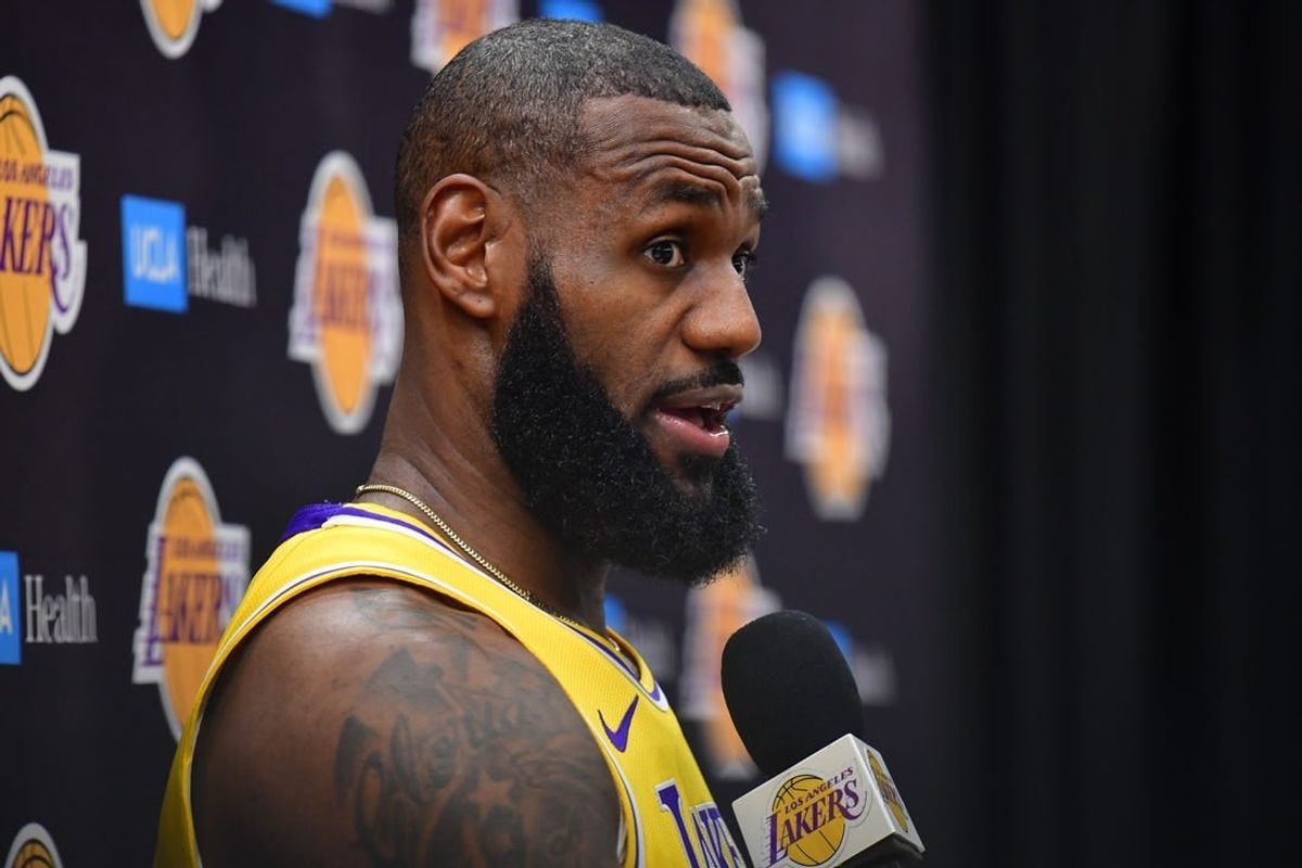 Oct 2, 2023; El Segundo, CA, USA; Los Angeles Lakers forward LeBron James (23) speaks during media day at UCLA Health Training Center.