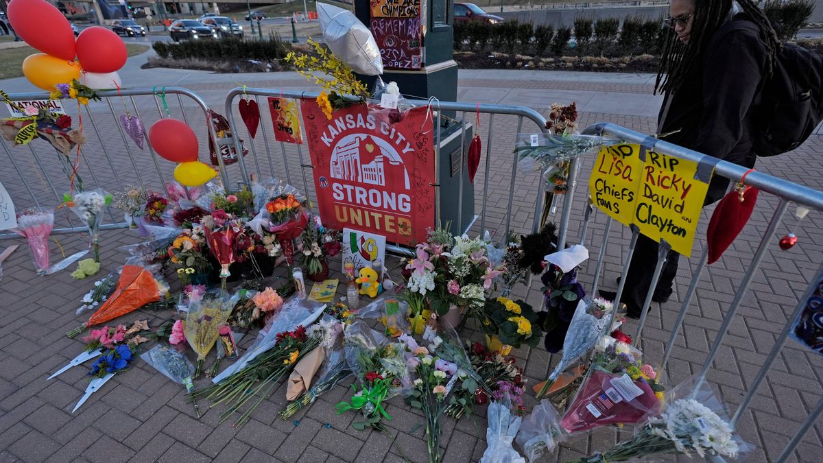 A memorial dedicated to the victims of the mass shooting in front 
of Union Station, in Kansas City, Mo.