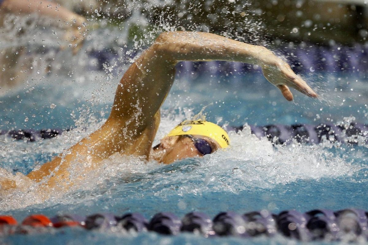 Mar 24, 2012; Federal Way, WA, USA; California swimmer Thomas Shields competes in the 400-yard freestyle relay event of the 2012 Division I swimming championship at Weyerhaeuser King County Aquatic Center. Mandatory Credit: Joe Nicholson-Imagn Images