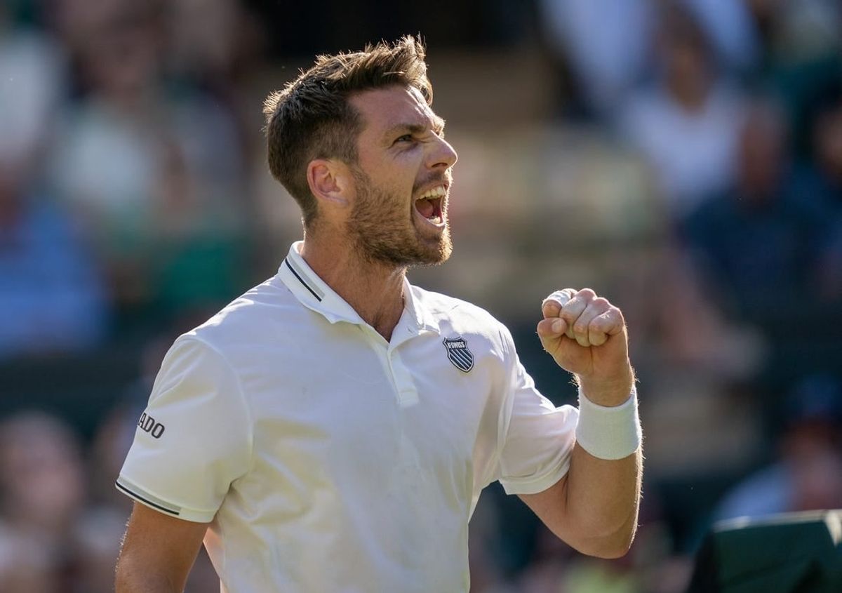 Jul 7, 2023; London, United Kingdom; Cameron Norrie (GBR) reacts to a point during his match against Christopher Eubanks (USA) on day five of Wimbledon at the All England Lawn Tennis and Croquet Club.