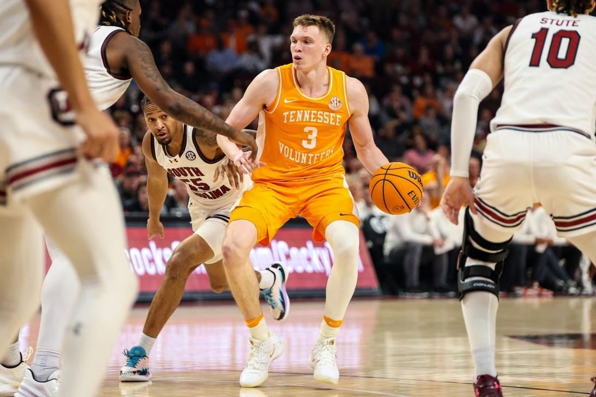 Mar 6, 2024; Columbia, South Carolina, USA; Tennessee Volunteers guard Dalton Knecht (3) drives against the South Carolina Gamecocks in the first half at Colonial Life Arena.