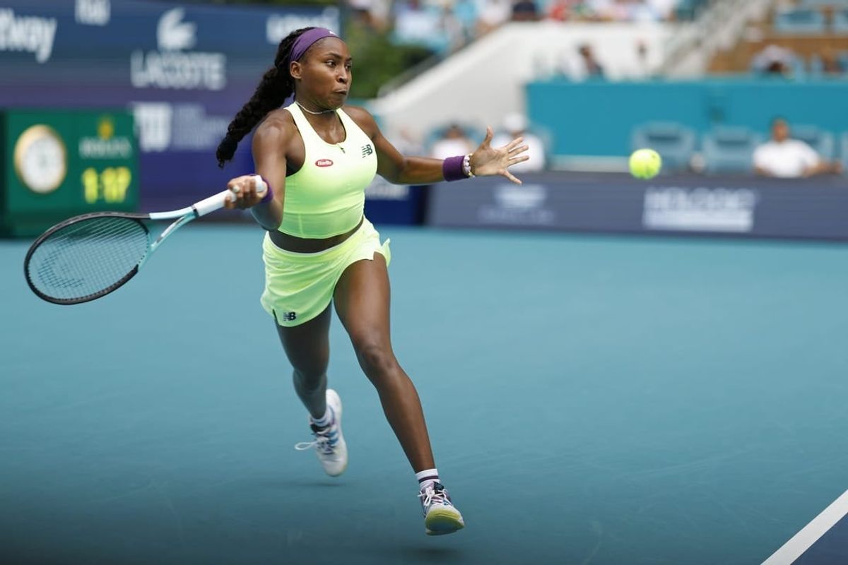 Mar 25, 2024; Miami Gardens, FL, USA; Coco Gauff (USA) hits a forehand against Caroline Garcia (FRA) (not pictured) on day eight of the Miami Open at Hard Rock Stadium.