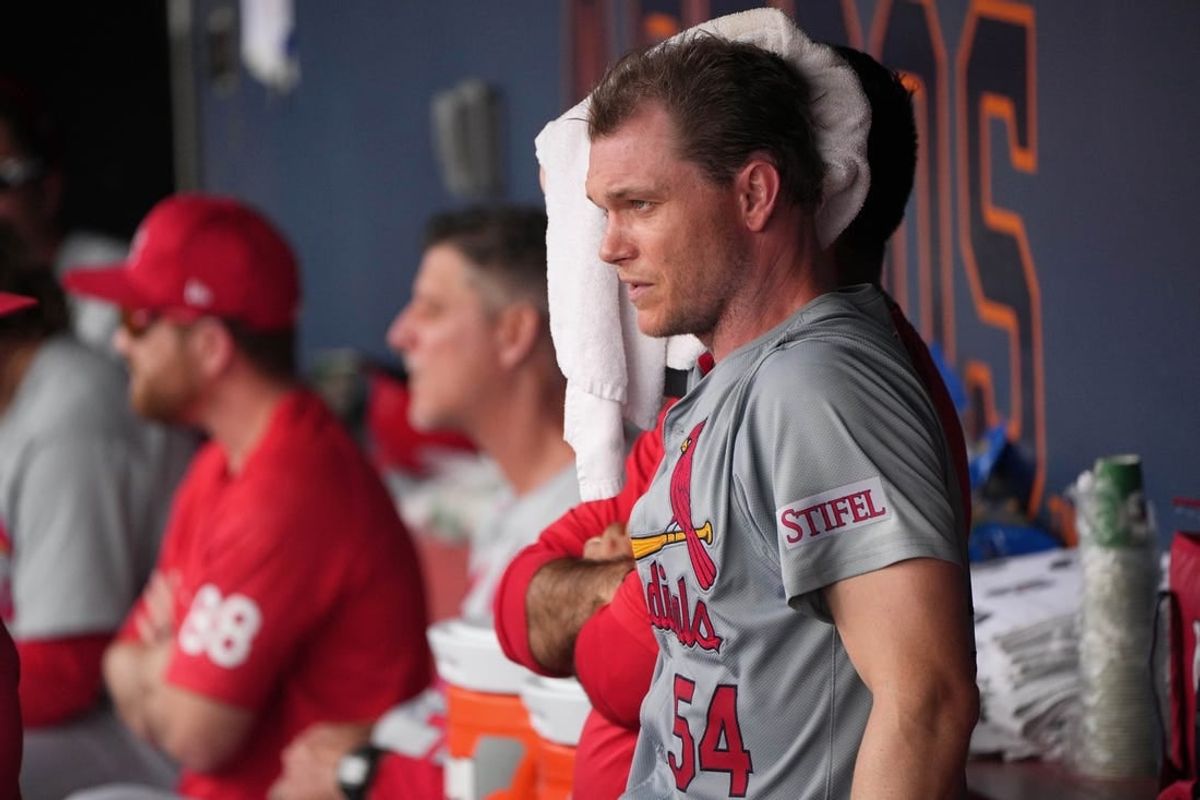 Mar 4, 2024; West Palm Beach, Florida, USA; St. Louis Cardinals pitcher Sonny Gray (54) looks out over the infield after leaving the game in the second inning against the Washington Nationals at CACTI Ballpark of the Palm Beaches.