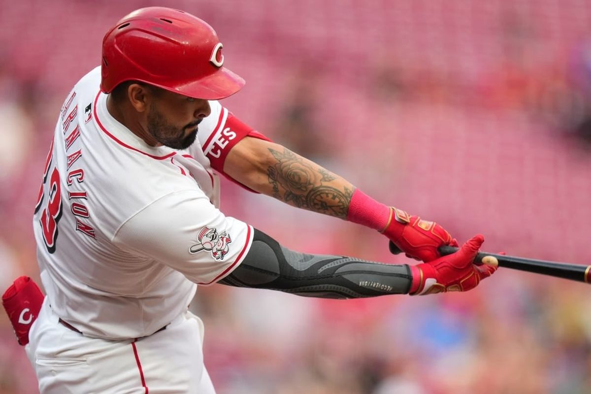 Cincinnati Reds first base Christian Encarnacion-Strand (33) grounds into a fielder’s choice in the second inning of a baseball game between the Arizona Diamondbacks and Cincinnati Reds, Tuesday, May 7, 2024, at Great American Ball Park in Cincinnati.
