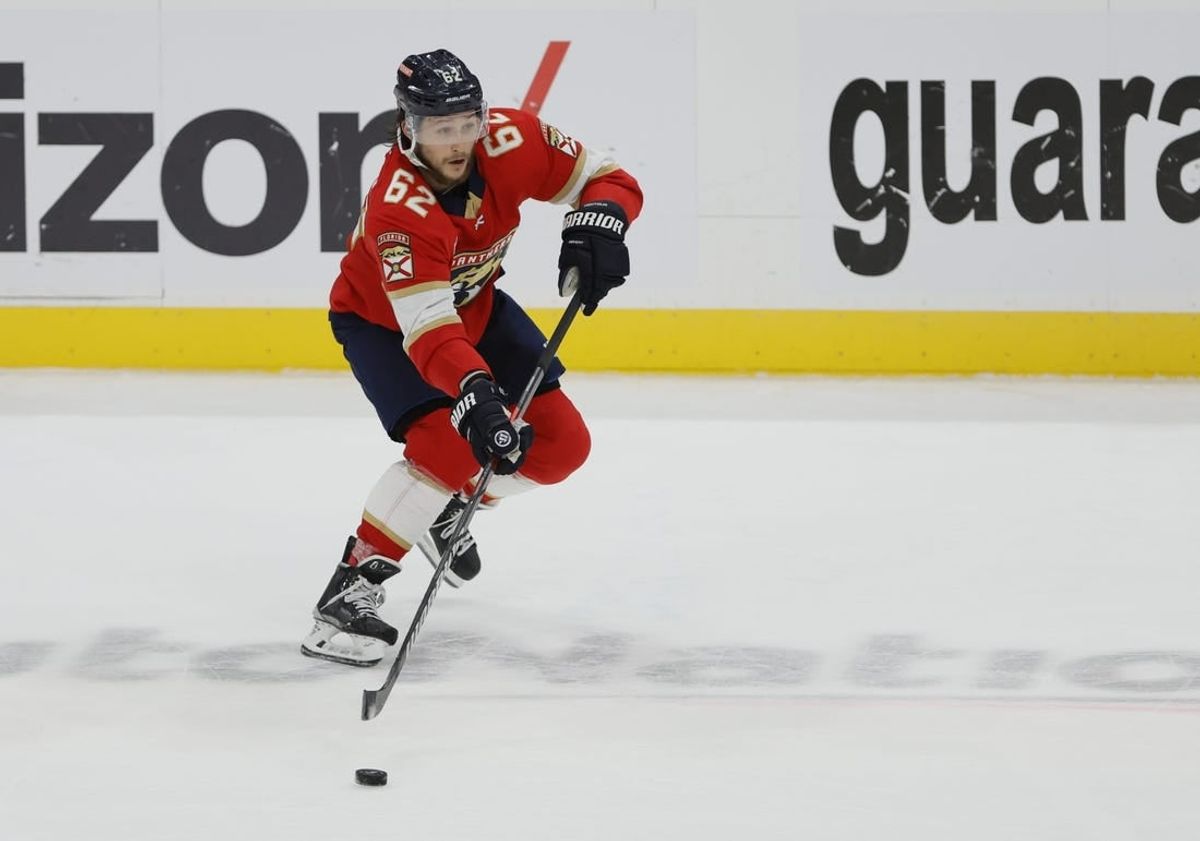 June 10, 2023; Sunrise, FL, USA; Florida Panthers defenseman Brandon Montour (62) controls the puck against the Vegas Golden Knights in the first period in game four of the 2023 Stanley Cup Final at FLA Live Arena.