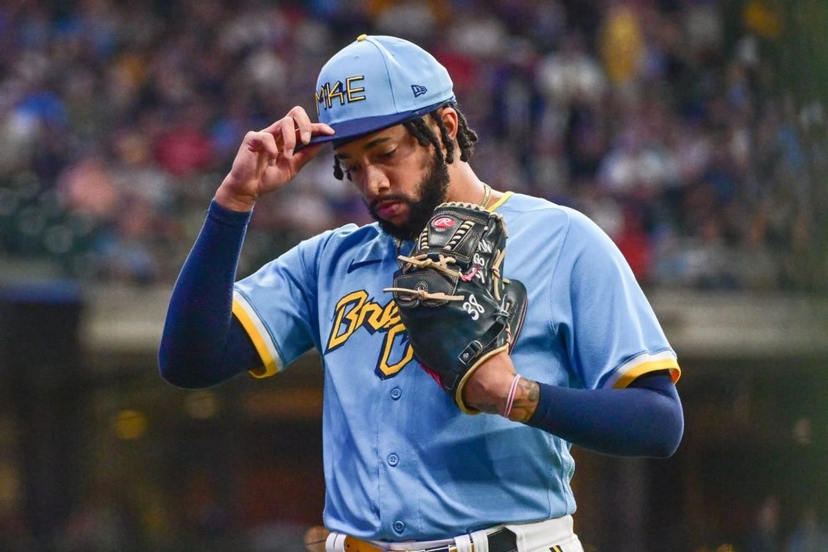 Sep 1, 2023; Milwaukee, Wisconsin, USA; Milwaukee Brewers pitcher Devin Williams (38) walks off the mound after a blown save in the eighth inning against the Philadelphia Phillies at American Family Field.