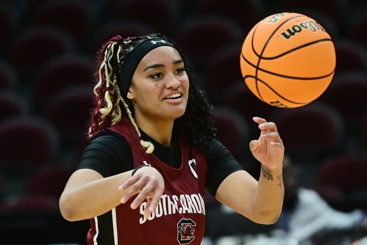 South Carolina Gamecocks guard Te-Hina Paopao (0) passes during a practice session at Rocket Mortgage FieldHouse.