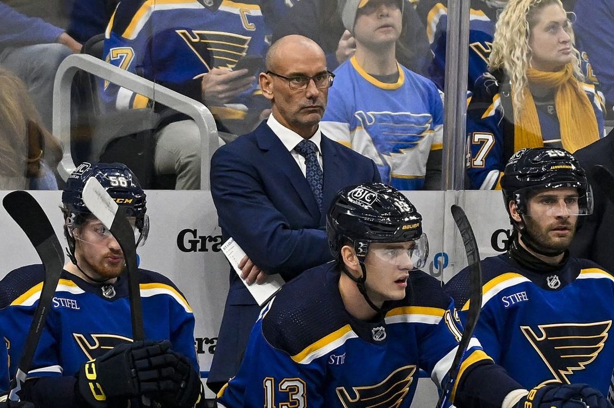 Dec 14, 2023; St. Louis, Missouri, USA;  St. Louis Blues interim head coach Drew Bannister looks on from the bench during the first period against the Ottawa Senators at Enterprise Center.