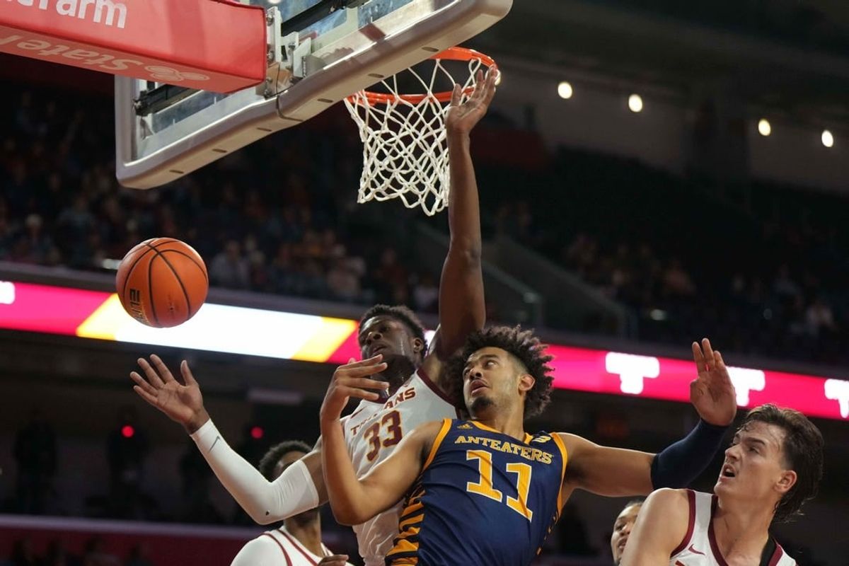 Nov 14, 2023; Los Angeles, California, USA; UC Irvine Anteaters forward Devin Tillis (11) battles for the ball with Southern California Trojans forward Kijani Wright (33) and forward Harrison Hornery (30) in the first half at Galen Center.