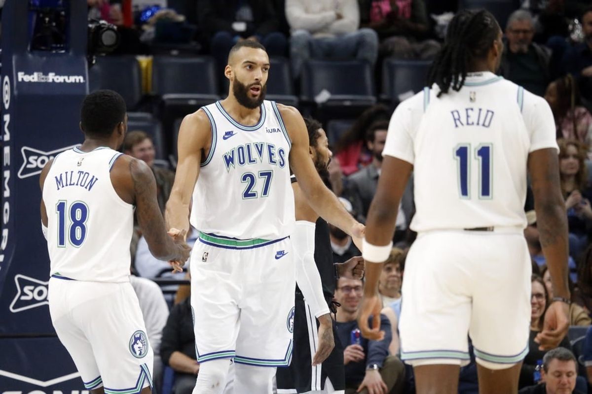 Dec 8, 2023; Memphis, Tennessee, USA; Minnesota Timberwolves center Rudy Gobert (27) reacts during the second half against the Memphis Grizzlies at FedExForum.