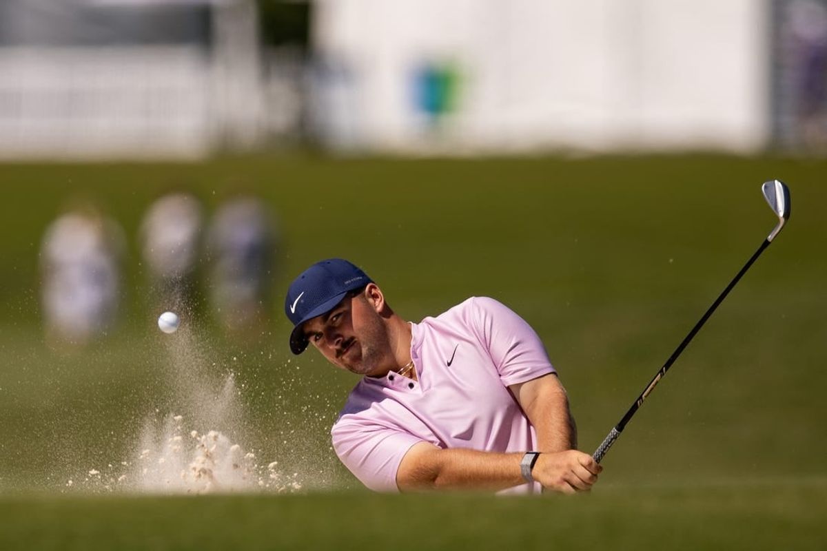Apr 26, 2024; Avondale, Louisiana, USA; Chris Gotterup plays his shot from the 18th bunker during the second round of the Zurich Classic of New Orleans golf tournament.