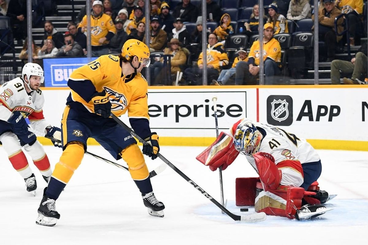 Jan 22, 2024; Nashville, Tennessee, USA; Nashville Predators right wing Denis Gurianov (15) has a shot blocked by Florida Panthers goaltender Anthony Stolarz (41) during the first period at Bridgestone Arena.