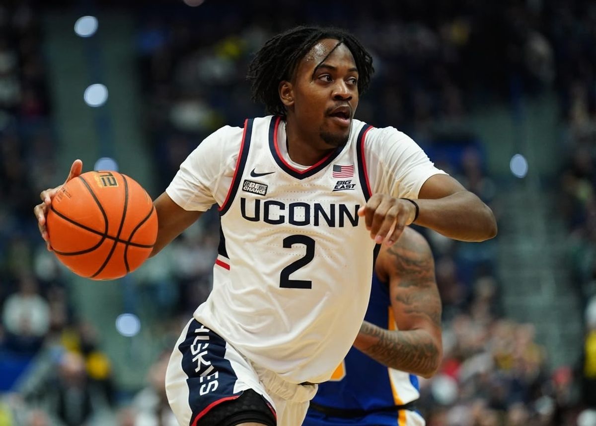 Jan 28, 2024; Hartford, Connecticut, USA; UConn Huskies guard Tristen Newton (2) drives the ball against the Xavier Musketeers in the first half at XL Center.