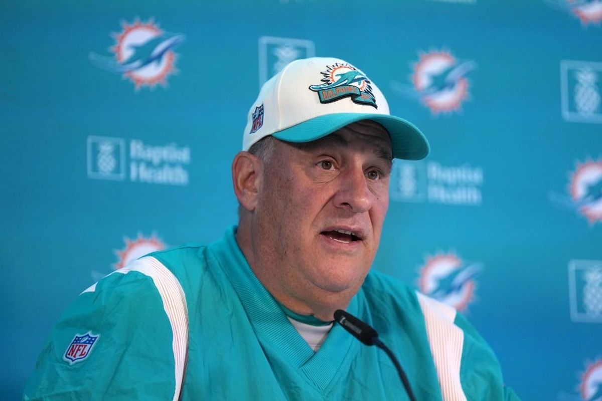 Nov 2, 2023; Frankfurt, Germany; Miami Dolphins defensive coordinator Vic Fangio at press conference at the PSD Bank Arena.