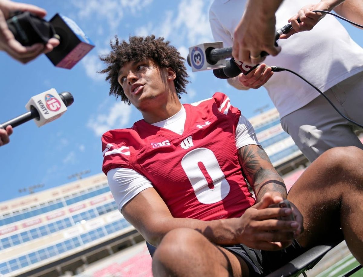 Wisconsin Badgers running back Braelon Allen (0) talks to the media as part of Wisconsin Badgers' football media day at the McClain Center in Madison on Tuesday, Aug. 2, 2022.