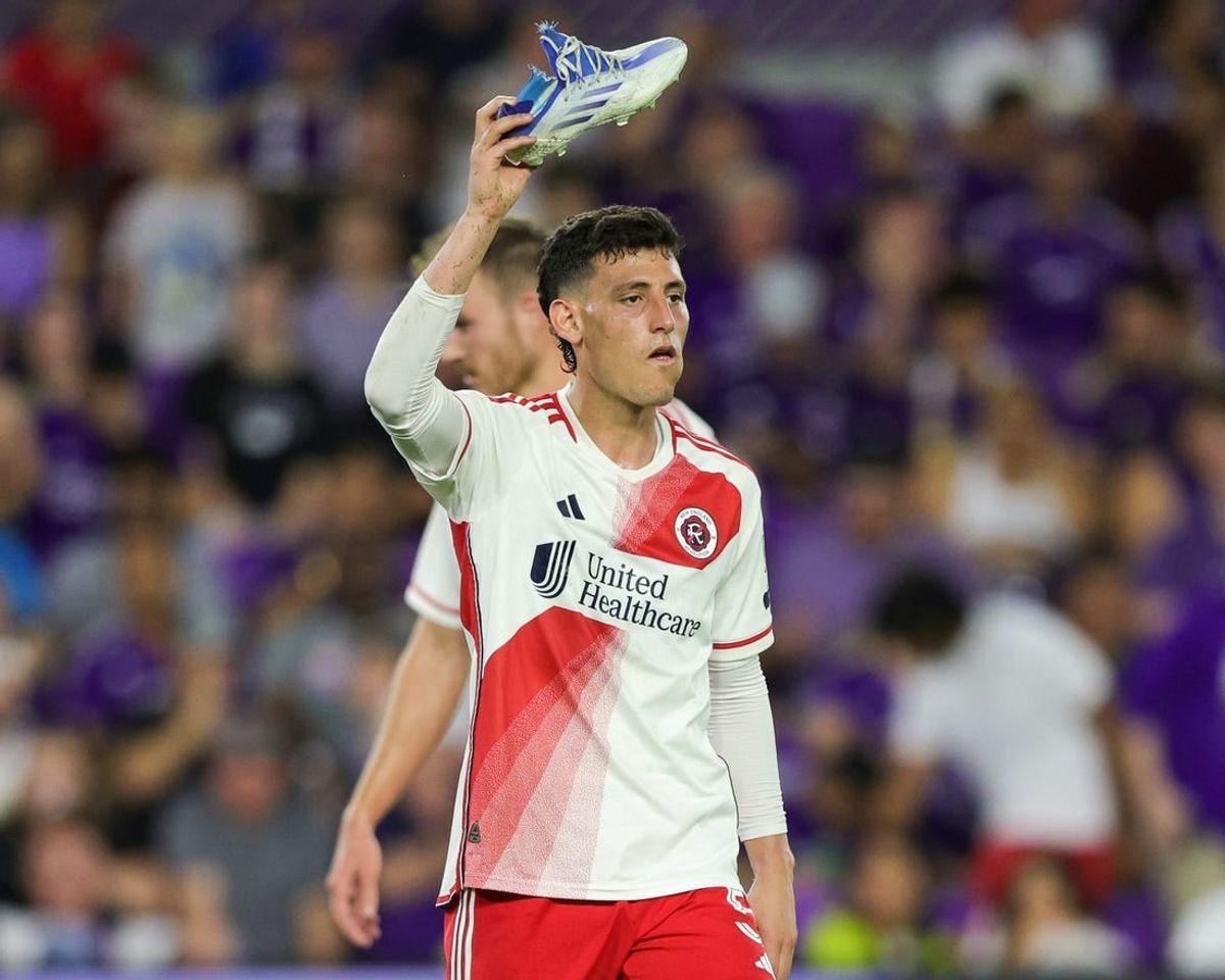 Oct 7, 2023; Orlando, Florida, USA;  New England Revolution forward Tomas Chancalay (5) reacts after breaking a shoe against Orlando City SC in the second half at Exploria Stadium.