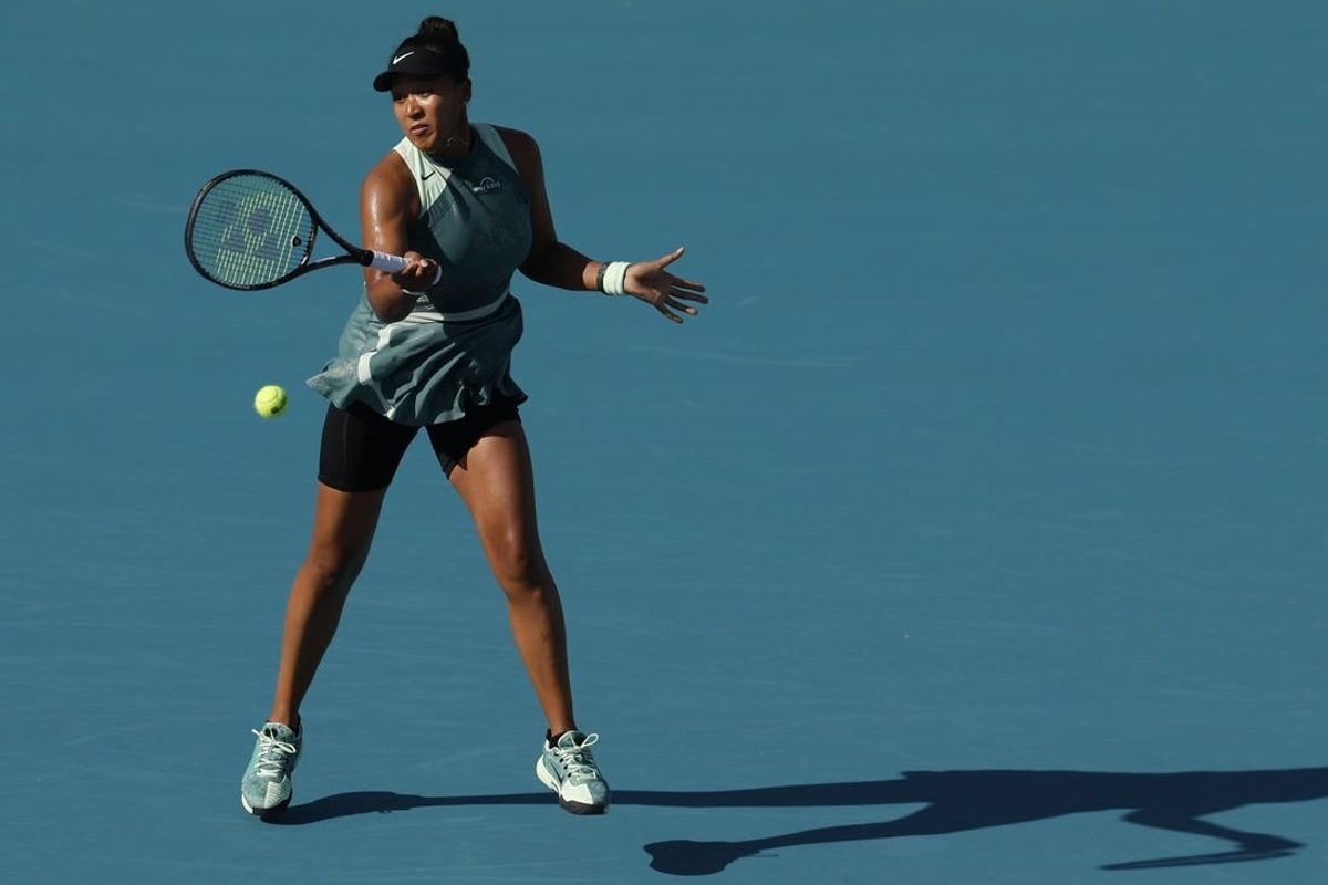 Mar 24, 2024; Miami Gardens, FL, USA; Naomi Osaka (JPN) hits a forehand against Caroline Garcia (FRA) (not pictured) on day seven of the Miami Open at Hard Rock Stadium.