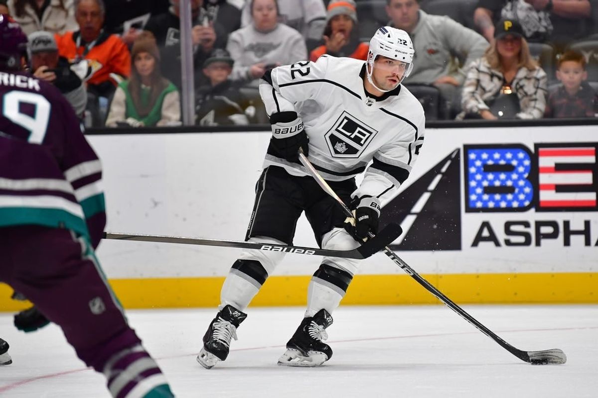 Nov 24, 2023; Anaheim, California, USA; Los Angeles Kings left wing Kevin Fiala (22) moves the puck against the Anaheim Ducks during the first period at Honda Center.