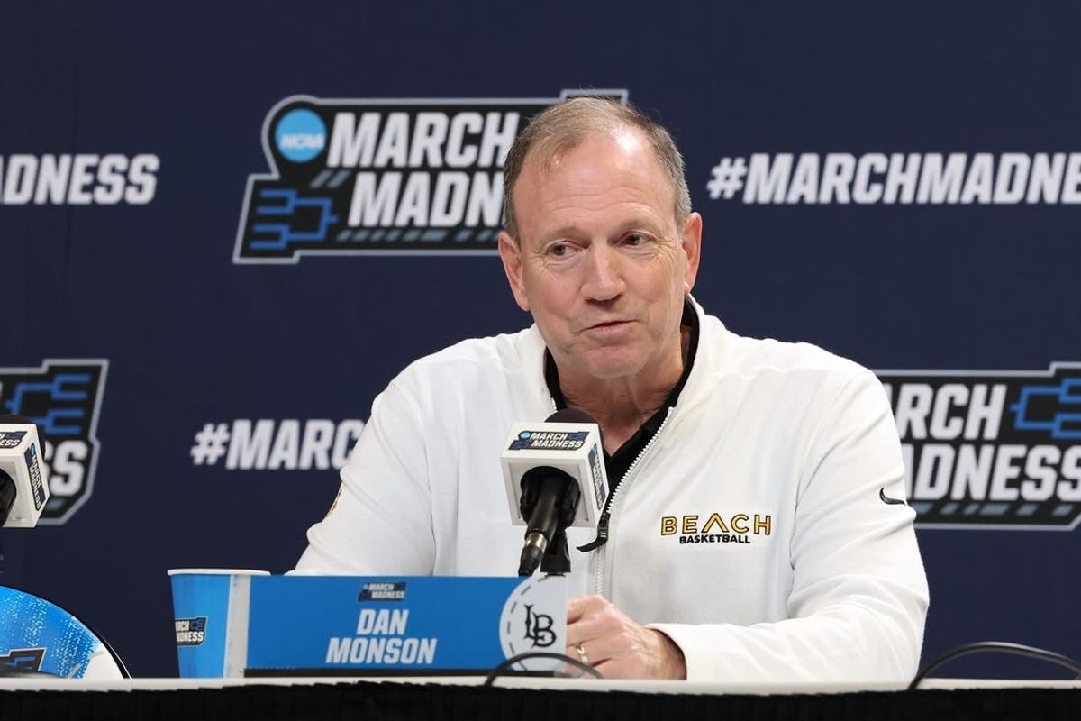 Mar 20, 2024; Salt Lake City, UT, USA; Long Beach State 49ers head coach Dan Monson addresses the media during the NCAA first round practice session at Delta Center.