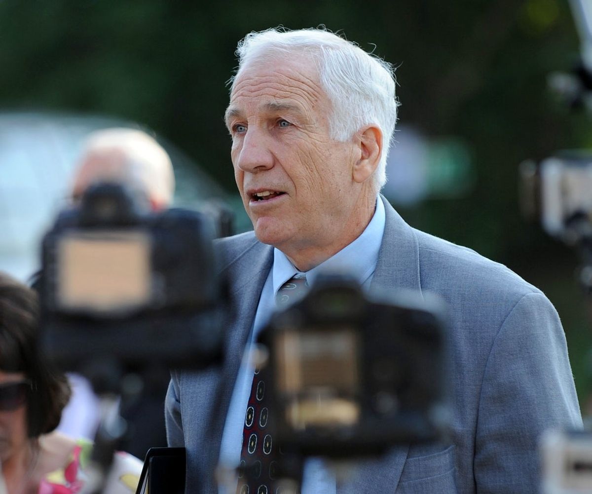 June 21, 2012; Bellefonte, PA USA: Jerry Sandusky arrives at the Centre County Courthouse to hear closing arguments in the Jerry Sandusky trial.  Mandatory Credit: Eric P. Mull-USPRESSWIRE