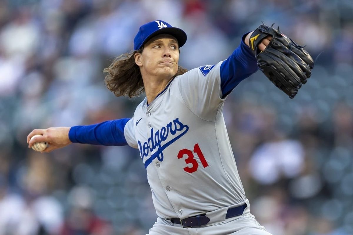 Apr 9, 2024; Minneapolis, Minnesota, USA; Los Angeles Dodgers starting pitcher Tyler Glasnow (31) delivers a pitch against the Minnesota Twins in the first inning at Target Field.
