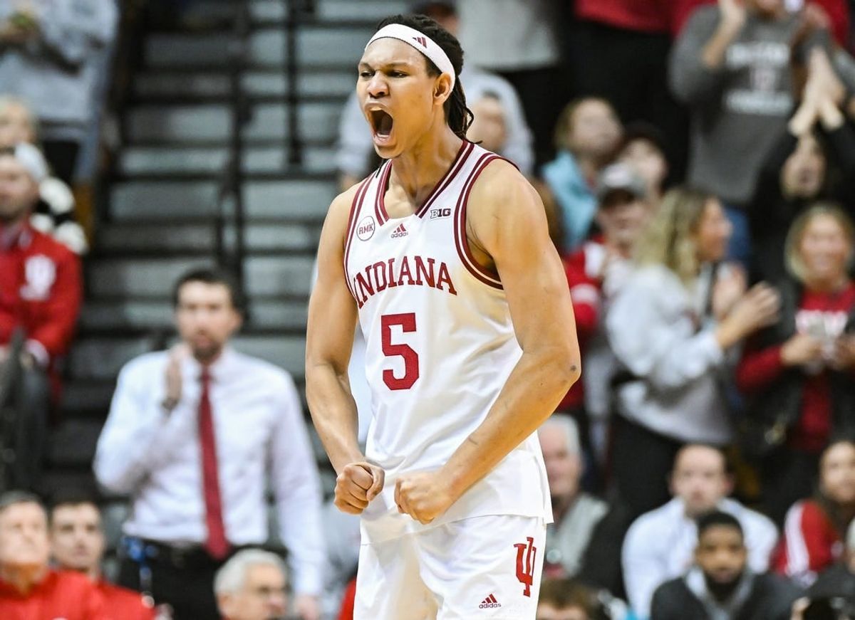 Jan 6, 2024; Bloomington, Indiana, USA; Indiana Hoosiers forward Malik Reneau (5) celebrates against the Ohio State Buckeyes during the second half at Simon Skjodt Assembly Hall.