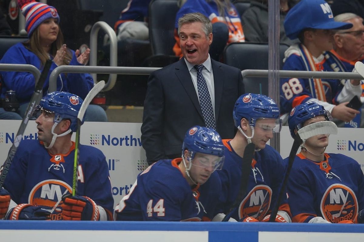 Jan 21, 2024; Elmont, New York, USA; New York Islanders head coach Patrick Roy coaches against the Dallas Stars during the second period at UBS Arena.