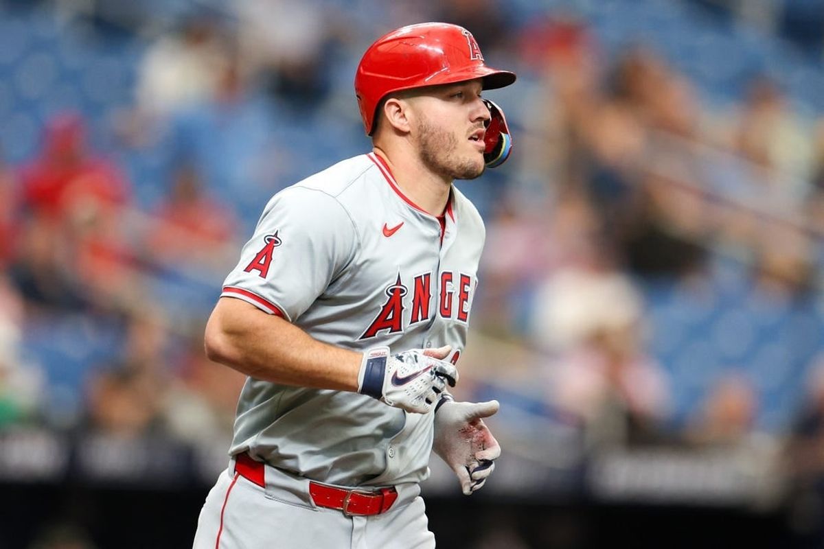 Apr 18, 2024; St. Petersburg, Florida, USA;  Los Angeles Angels outfielder Mike Trout (27) walks to first base against the Tampa Bay Rays in the sixth inning at Tropicana Field.