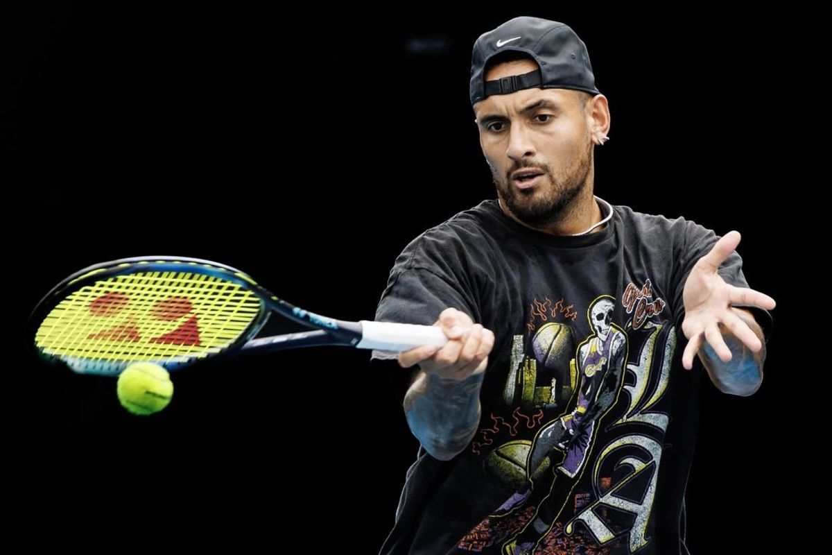 Jan 15, 2023; Melbourne, Victoria, Australia; Nick Kyrgios of Australia hits a shot during a practice session on court 16 at Melbourne Park.