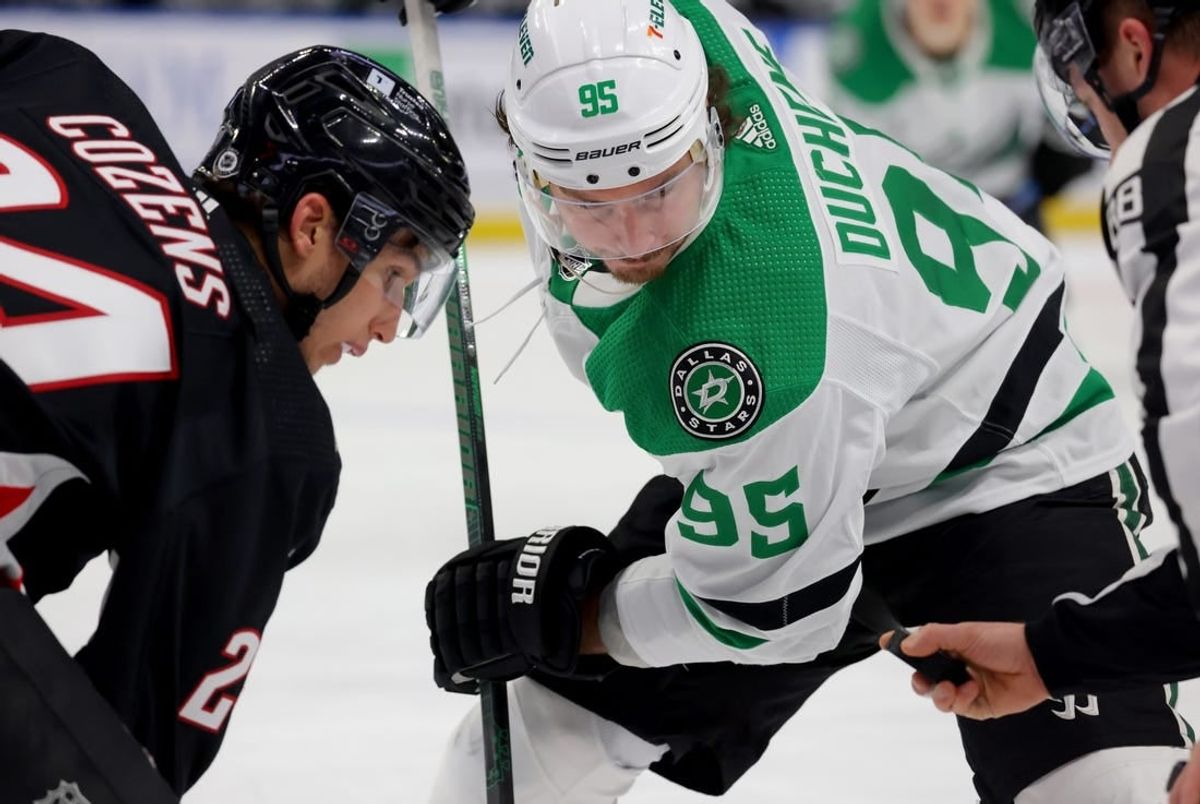 Feb 6, 2024; Buffalo, New York, USA;  Buffalo Sabres center Dylan Cozens (24) and Dallas Stars center Matt Duchene (95) wait for the face-off during the first period at KeyBank Center.