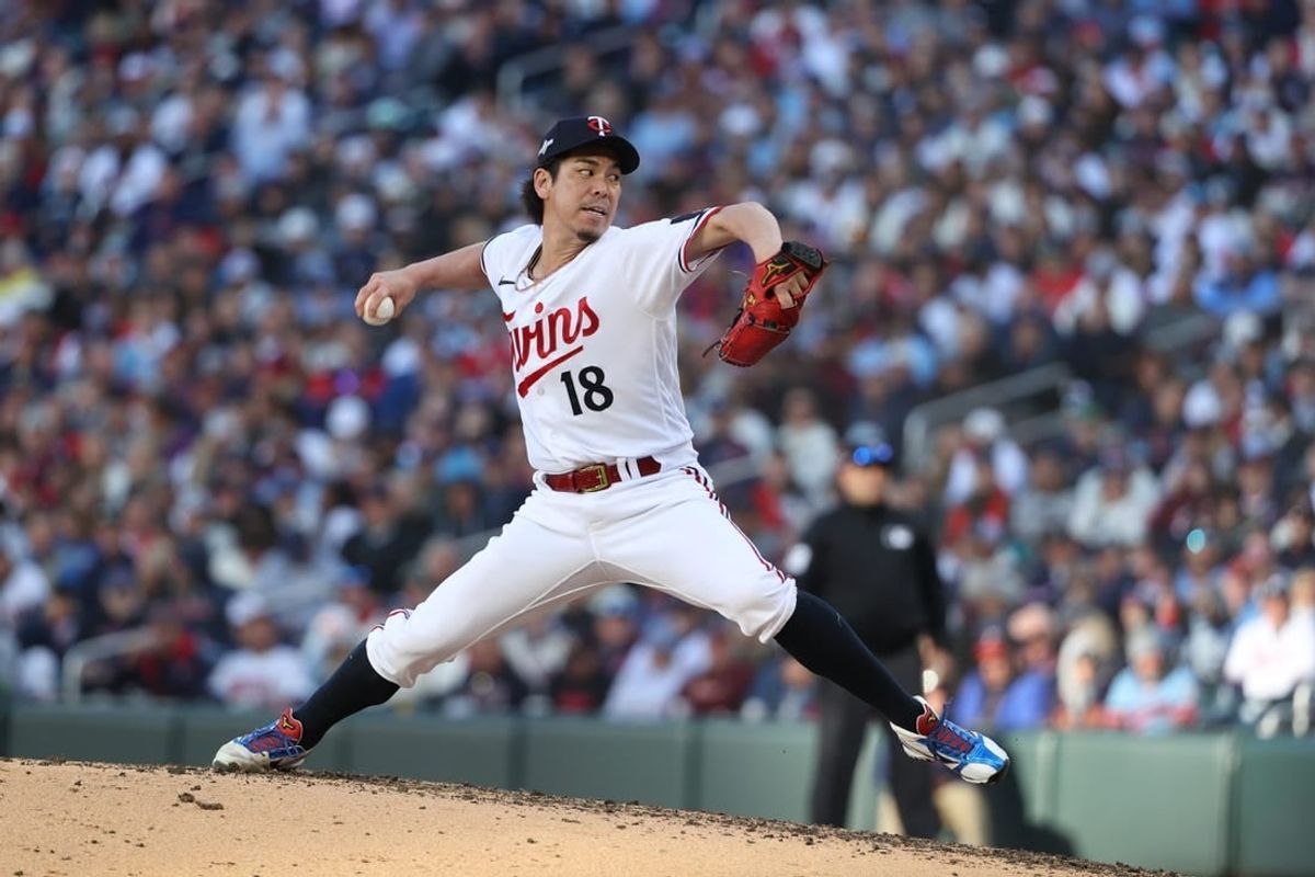 Oct 10, 2023; Minneapolis, Minnesota, USA; Minnesota Twins relief pitcher Kenta Maeda (18) pitches in the sixth inning against the Houston Astros during game three of the ALDS for the 2023 MLB playoffs at Target Field.